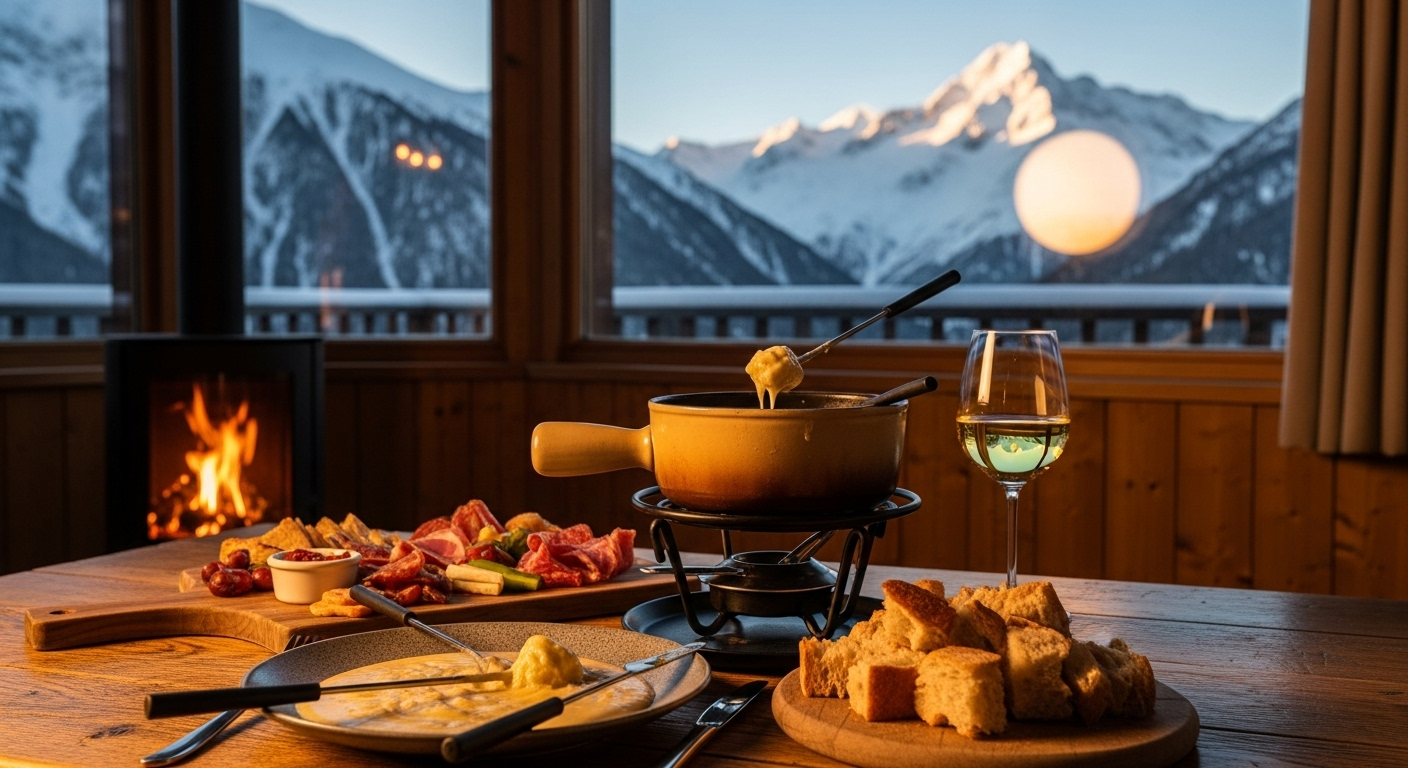 photo de l'intérieur d'un restaurant avec un appareil à fondue posée sur la table, et vue sur les montagnes environnantes