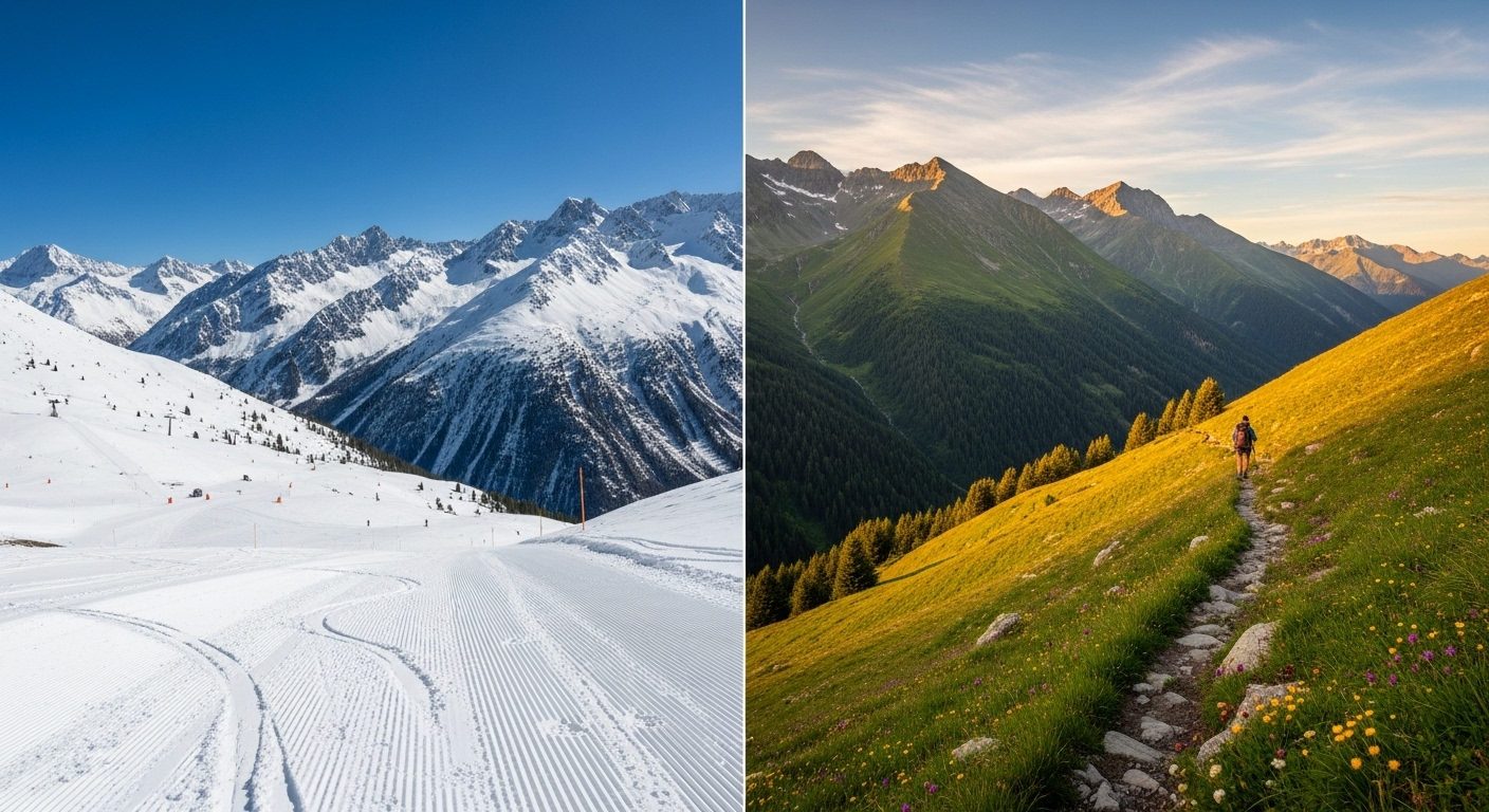 Comparatif de Serre Chevalier en hiver et en été : montagnes enneigées et prairies fleuries